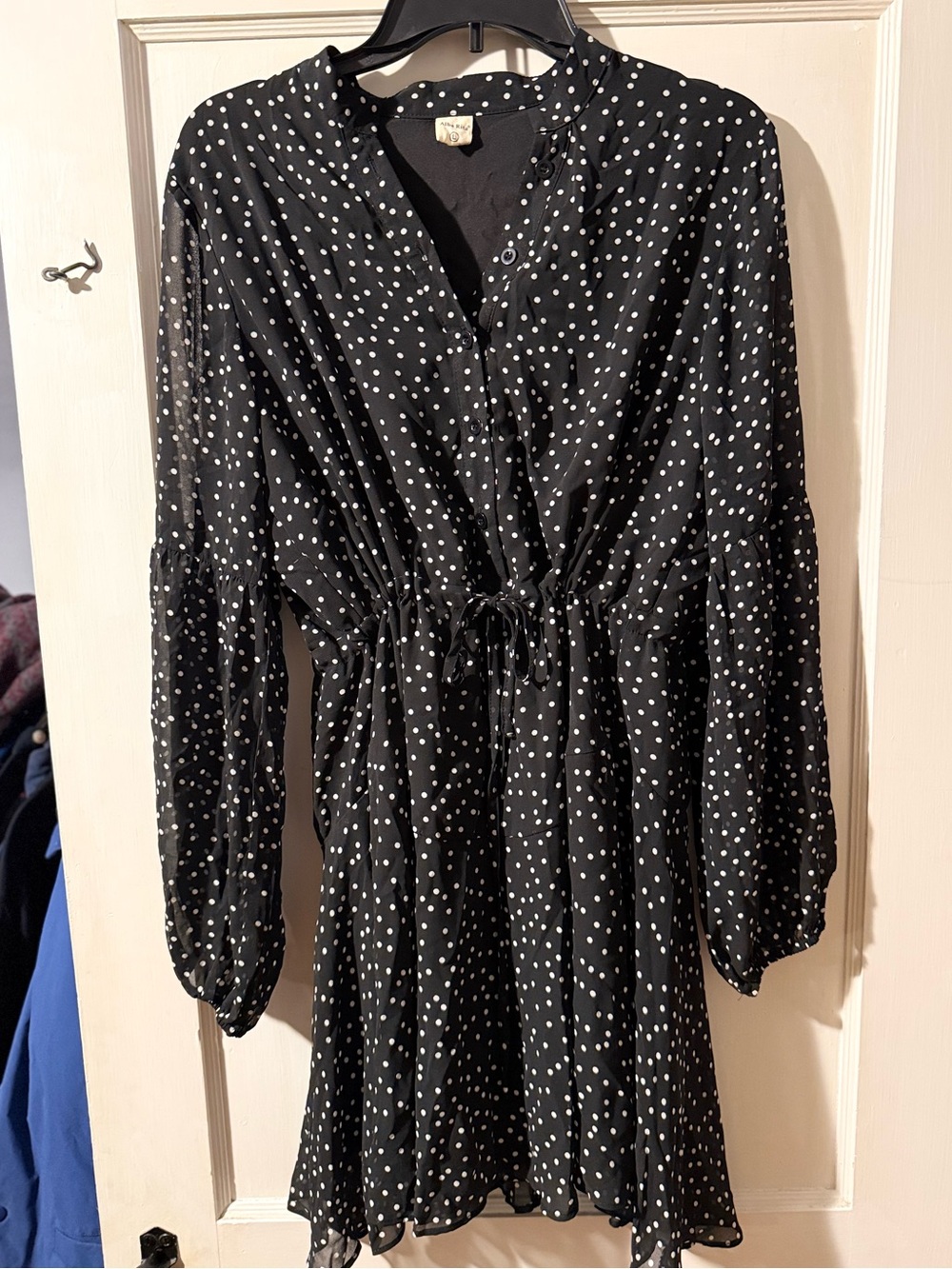 Alba Black Polka Dot Long-Sleeve Drawstring Waist Dress